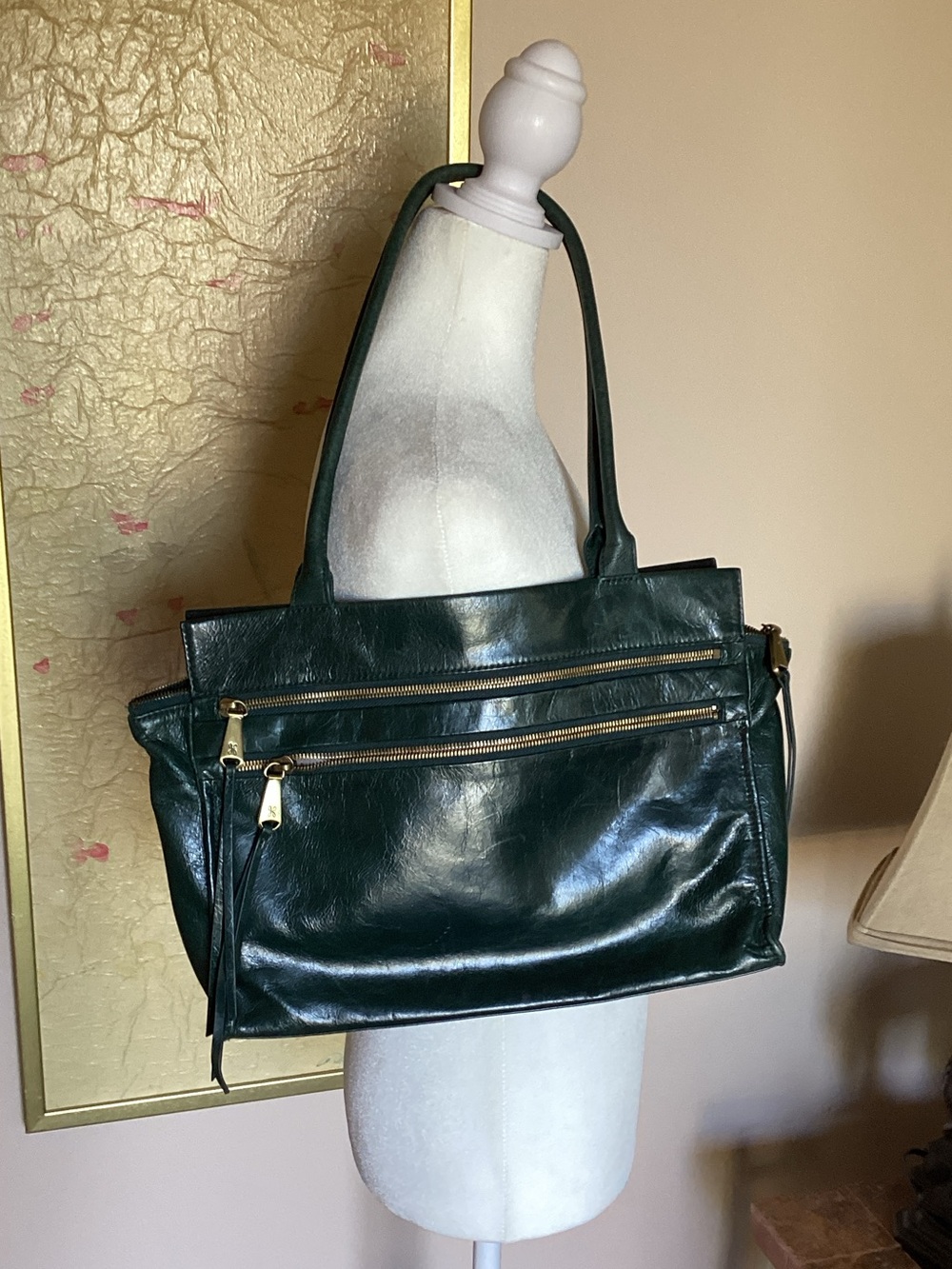 HOBO Dark Green Leather Shoulder Tote with Front Zip Pockets